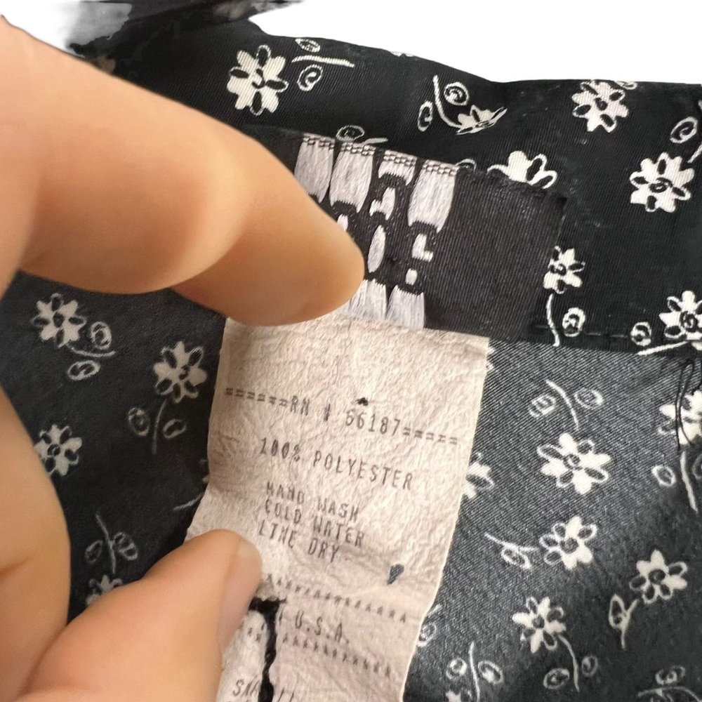 Vintage 90s Black White Micro Floral Short Sleeve Collared Knee Length Dress Sma - Picture 4 of 9